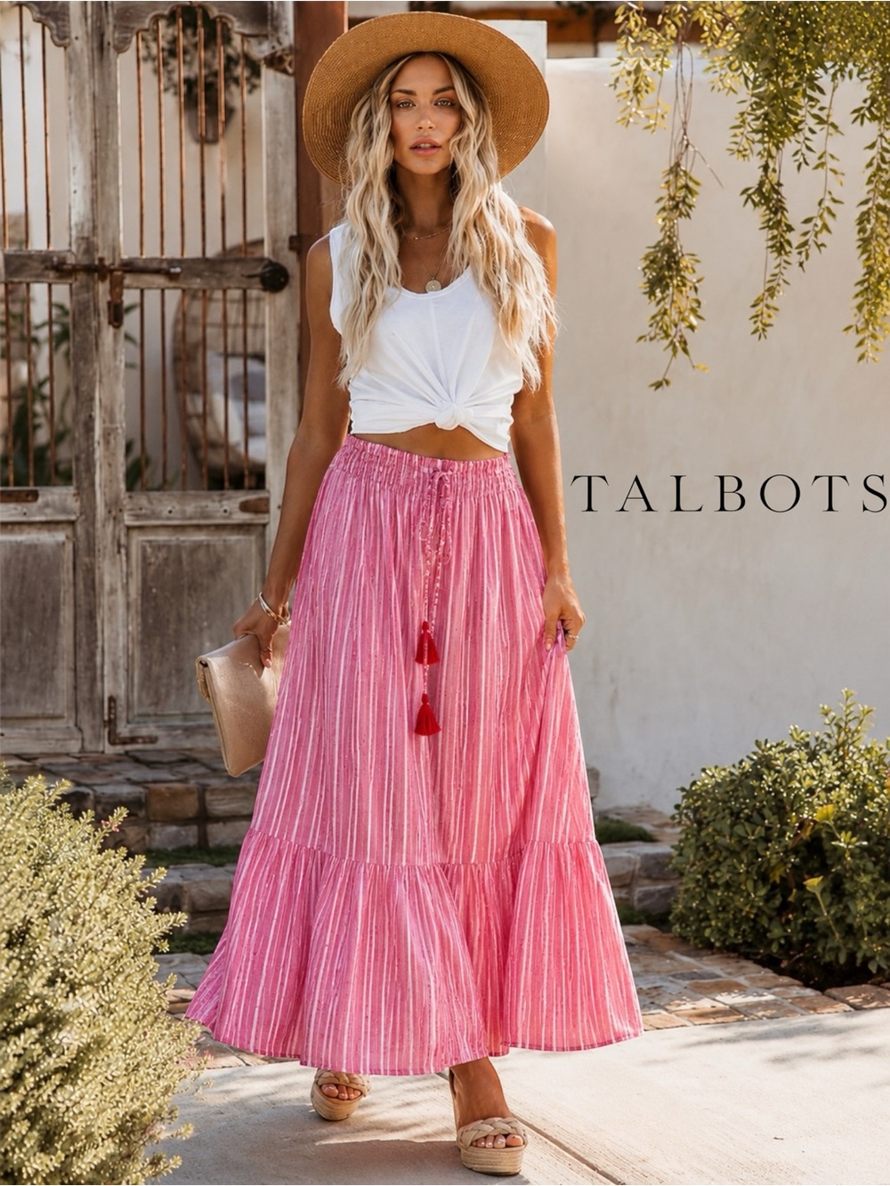 TALBOTS Linen Cotton Red/White Striped Maxi A-Line Skirt Tassel Pockets Medium